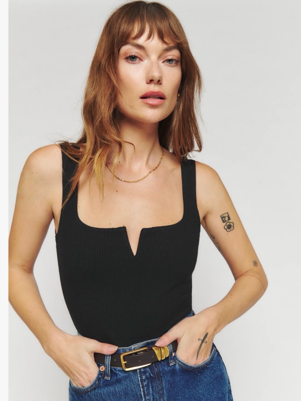 Reformation Black Ribbed V-Notch Square Neck Tank